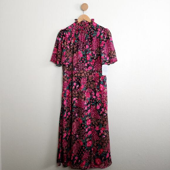 NEW Julia Jordan Ruffle Mockneck Floral Flutter Sleeve Floral Midi Dress - Picture 2 of 13